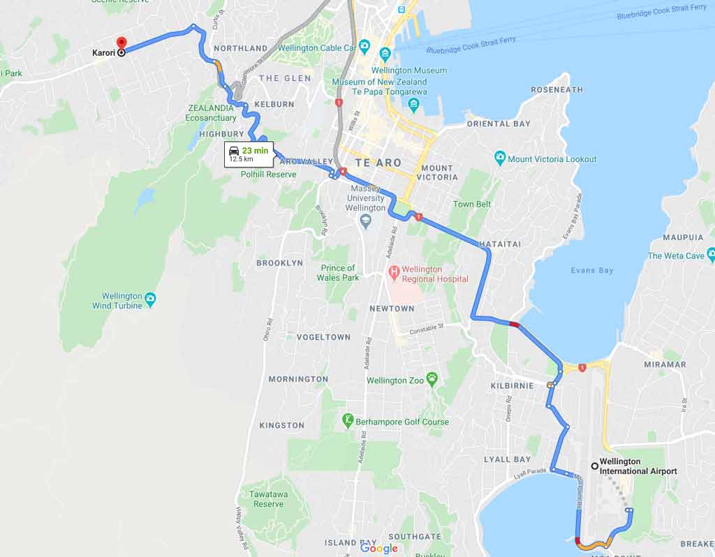 driving to karori from airport map w